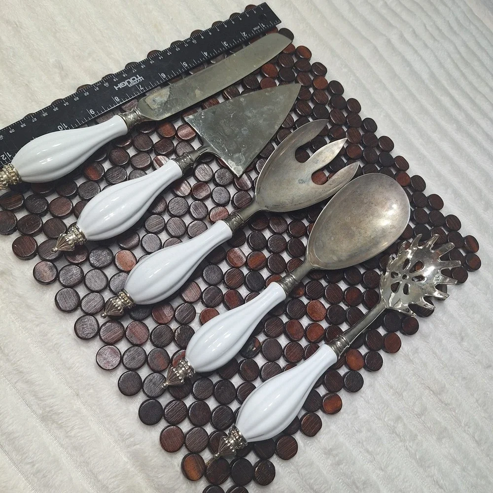 5 Pc Set Elegant Godinger Silver Plate Serving Set Porcelain Handle Victorian